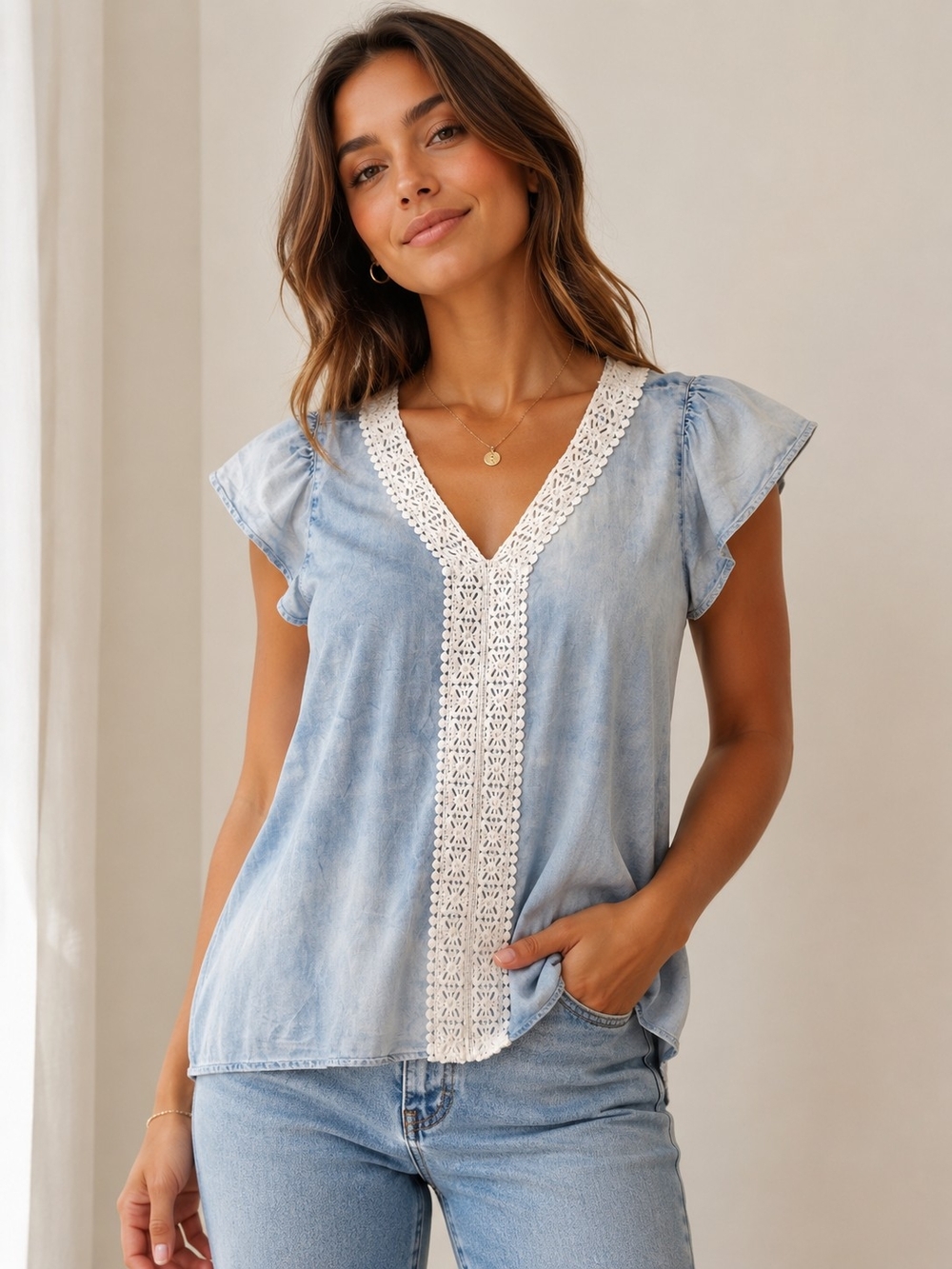 🔥Absolutely Famous Light Blue V-Neck Top with White Crochet Trim